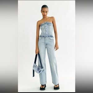 Zara light wash denim jumpsuit size XL strapless and button front.